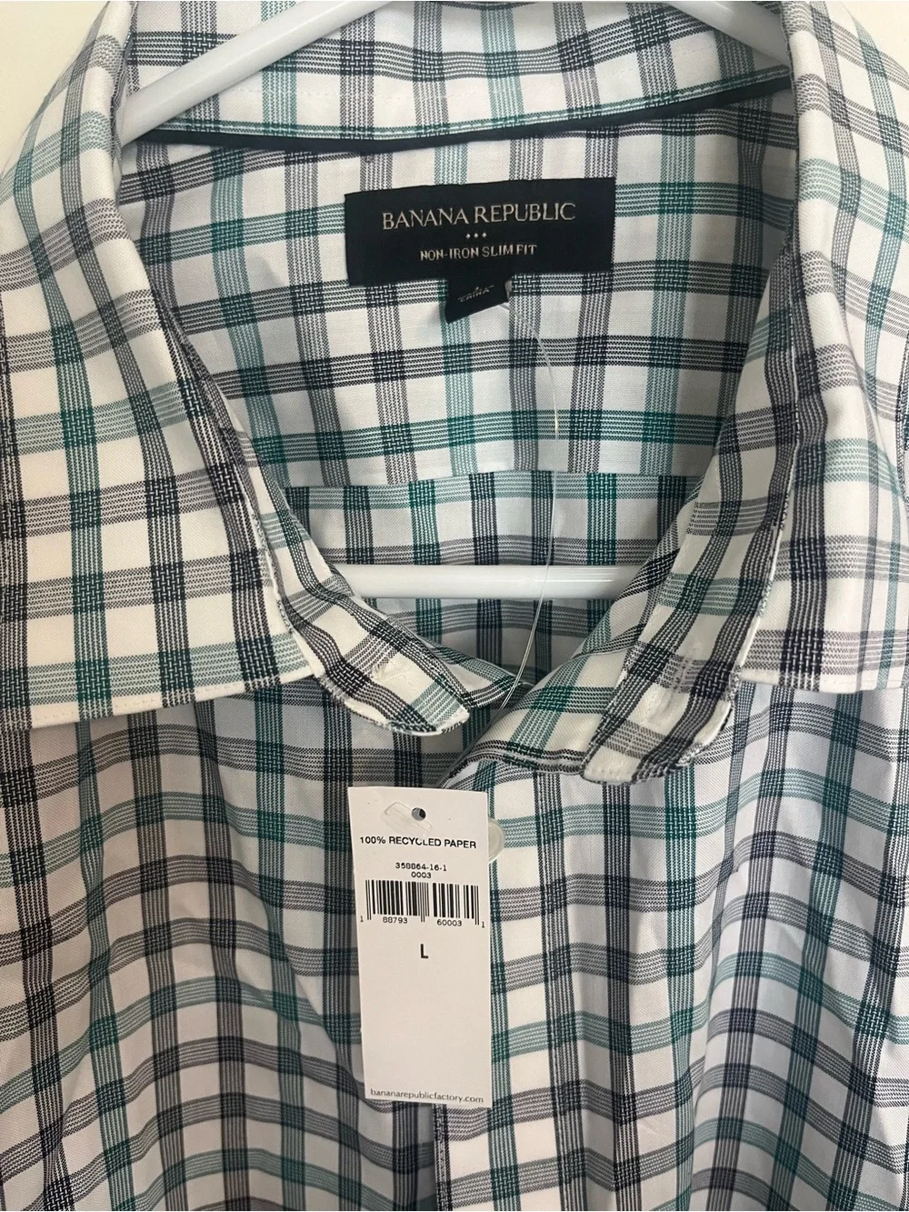 Banana Republic White and Green Plaid Dress Shirt